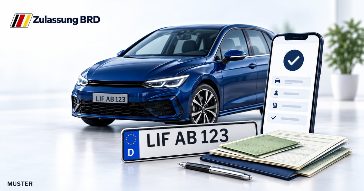 Online Fahrzeugzulassung in Bad Staffelstein: Musterkennzeichen LIF AB 123, Auto und Fahrzeugpapiere und Smartphone. Illustration mit Logo von Zulassung BRD.
